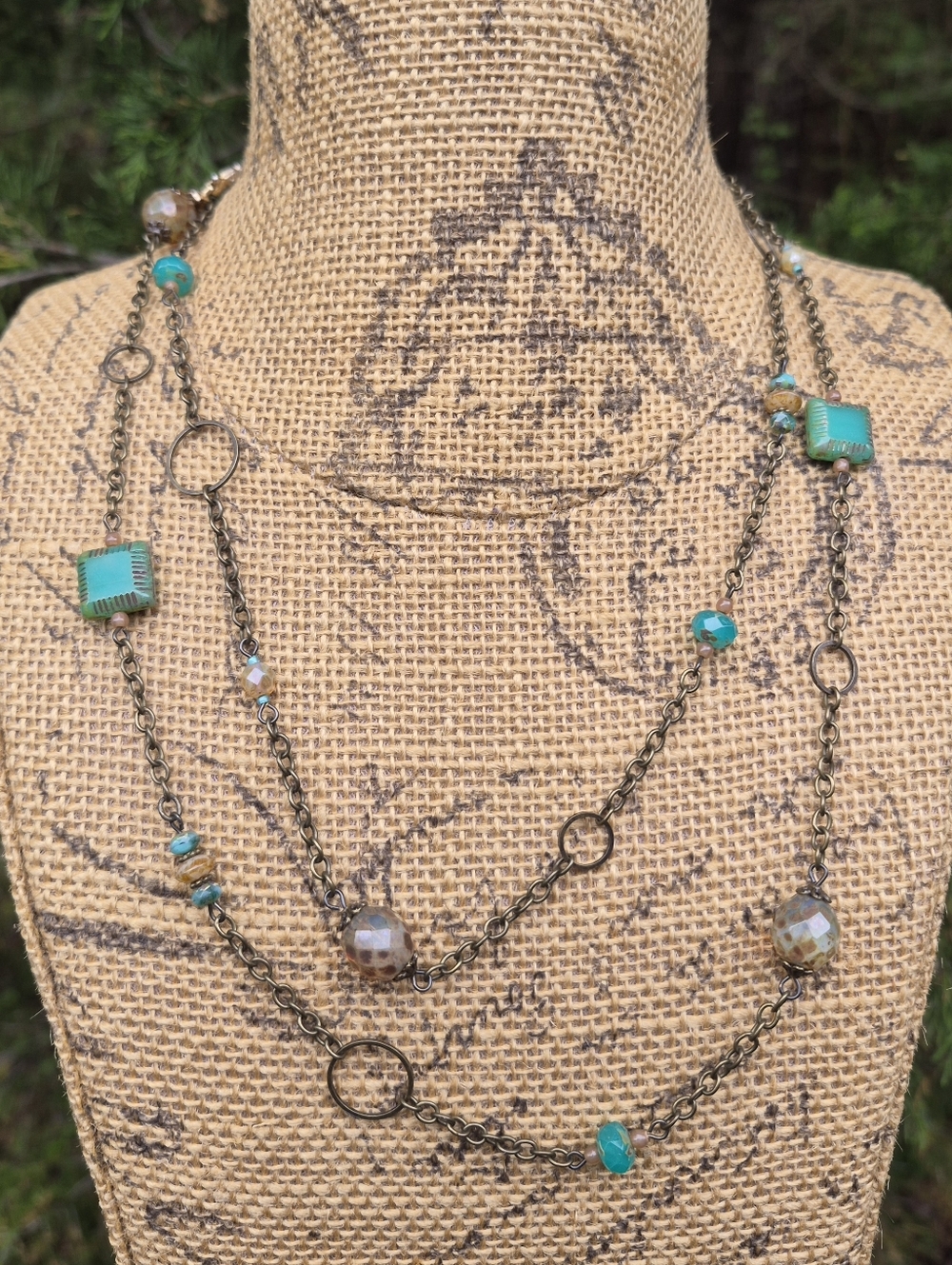 Artisan Uranium Chrysoprase Color Czech Glass Picasso Finish Beads Necklace 45" - Picture 3 of 5